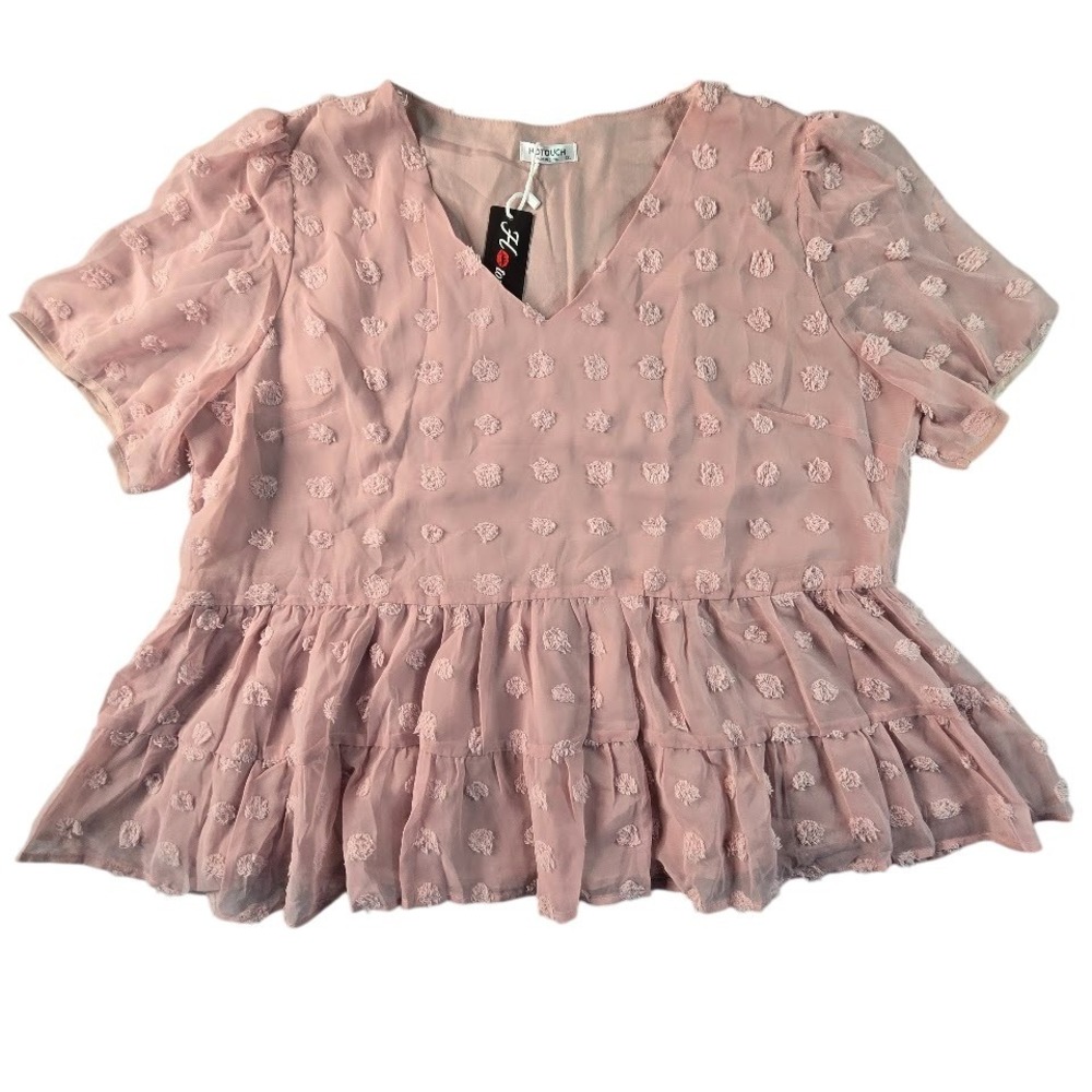 Hotouch Swiss Dot Peplum Top Womens XXL‎ Pink Short Puff Sleeve V-Neck Blouse